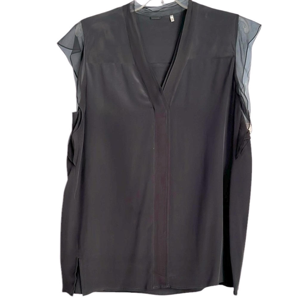 Elie Tahari Elegant Semi Sheer Top with Sheer Flounce Sleeve and Neck Size L